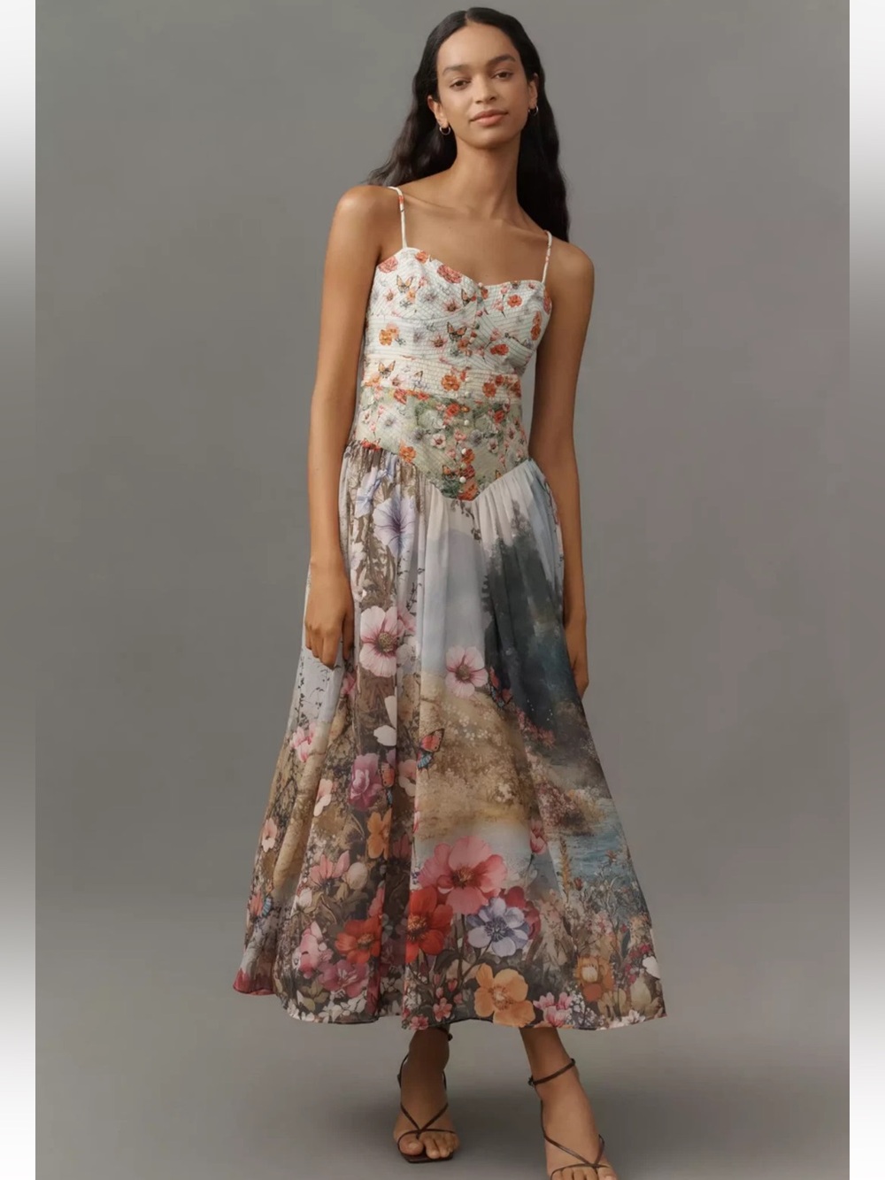 Anthropologie The Muse Basque-Waist Floral Midi Dress
